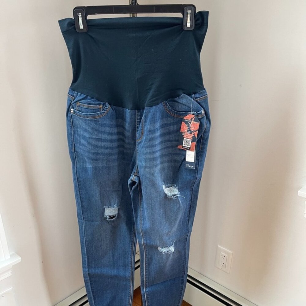 Indigo Poppy Women Maternity X-Large Blue Dark Wash Distressed Raw Hem
